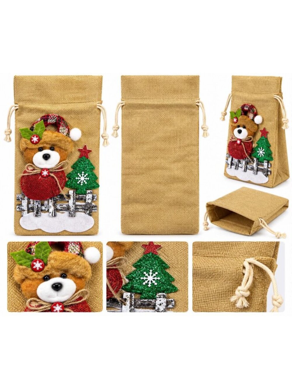 Christmas Teddy Bear Burlap Drawstring Gift Bag with Christmas Tree Decoration
